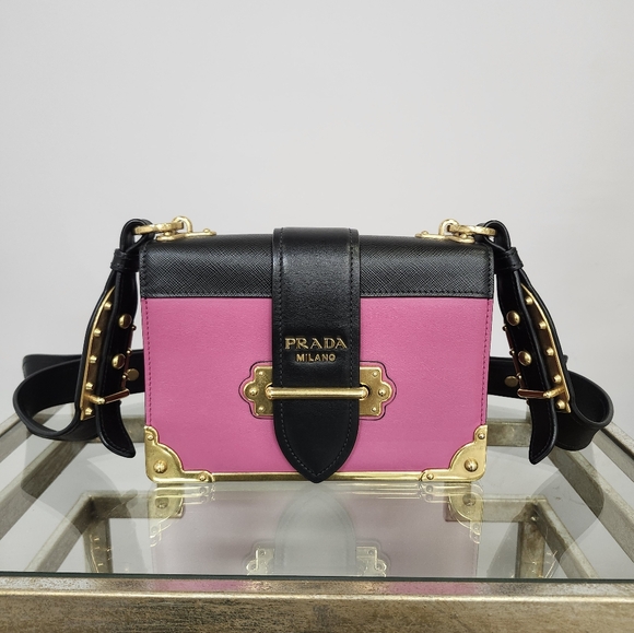 Prada Cahier City Calf Saffiano Leather Shoulder Crossbody in Black, Pink, Gold - Picture 1 of 15
